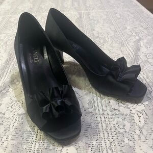 Vaneli Black Satin Peep-Toe Heels with Bow Detail